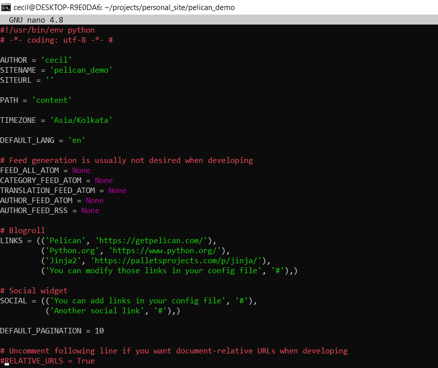 pelicanconf.py file generated before enabling relative url's
